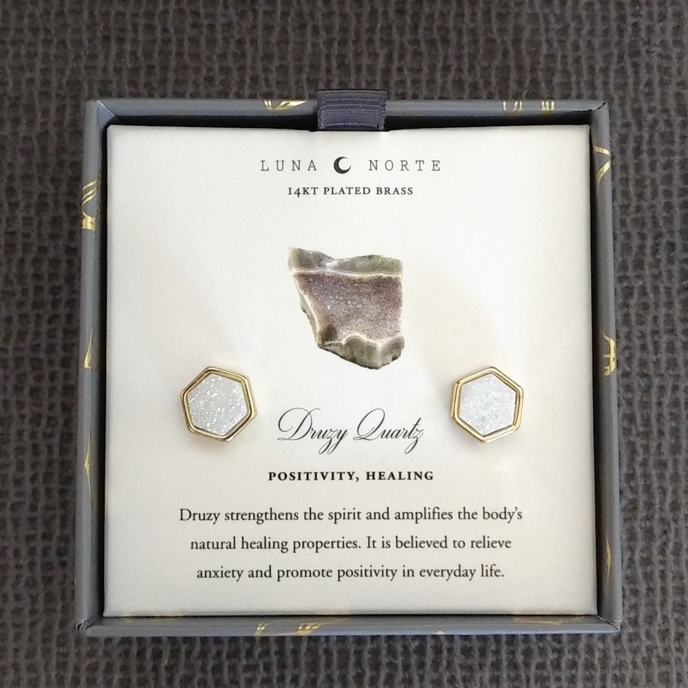 Luna🌙 Norte White Druzy Quartz Hexagon Earrings